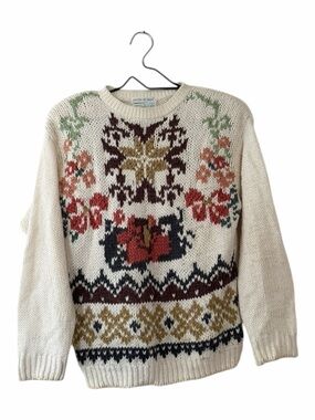 Hand Knit Jamie Scott Cream Floral Fair Isle Knit Sweater Vintage Size Medium